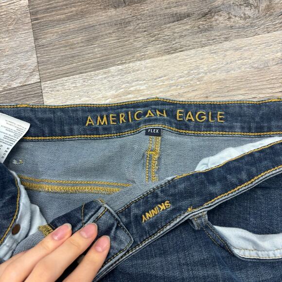 American Eagle Flex Dark Wash Faded Blue Mens 40x29 Frayed‎ Hem Skinny Jeans - Picture 4 of 14